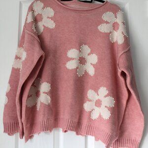 Pink Pearl Embellished Daisy Floral Distressed Sweater XL